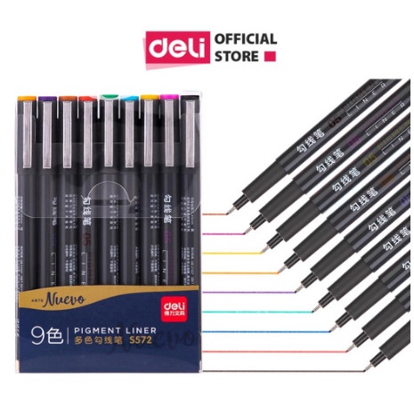 Bộ 9 bút line đi nét nhiều màu Deli ngòi bọc kim loại 0.5mm-S572