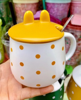 Ly sứ nắp tai thỏ chấm bi dễ thương