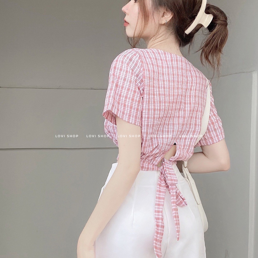 LOVI SHOP- Áo croptop caro nơ lưng cổ vuông tay ngắn 4 màu vintage