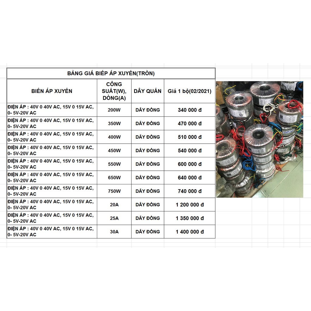Biến áp, tăng phô ampli(DÂY ĐỒNG:vuông EI,xuyến XEM BẢNG ĐÍNH KÈM)12A,15A,20A,25A
