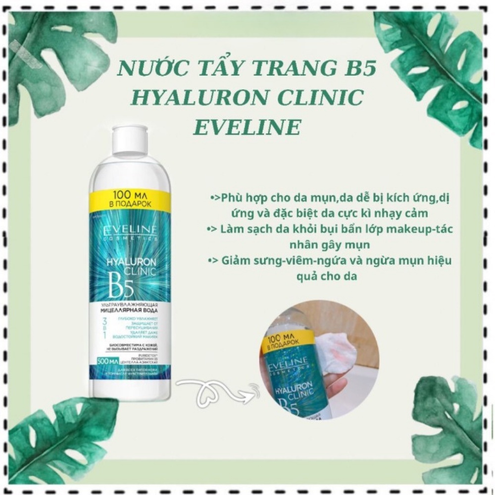 Tẩy trang Eveline Hyaluron Clinic B5 500ml dưỡng ẩm 3 trong 1 lành tính, sạch sâu và cấp ẩm cho da