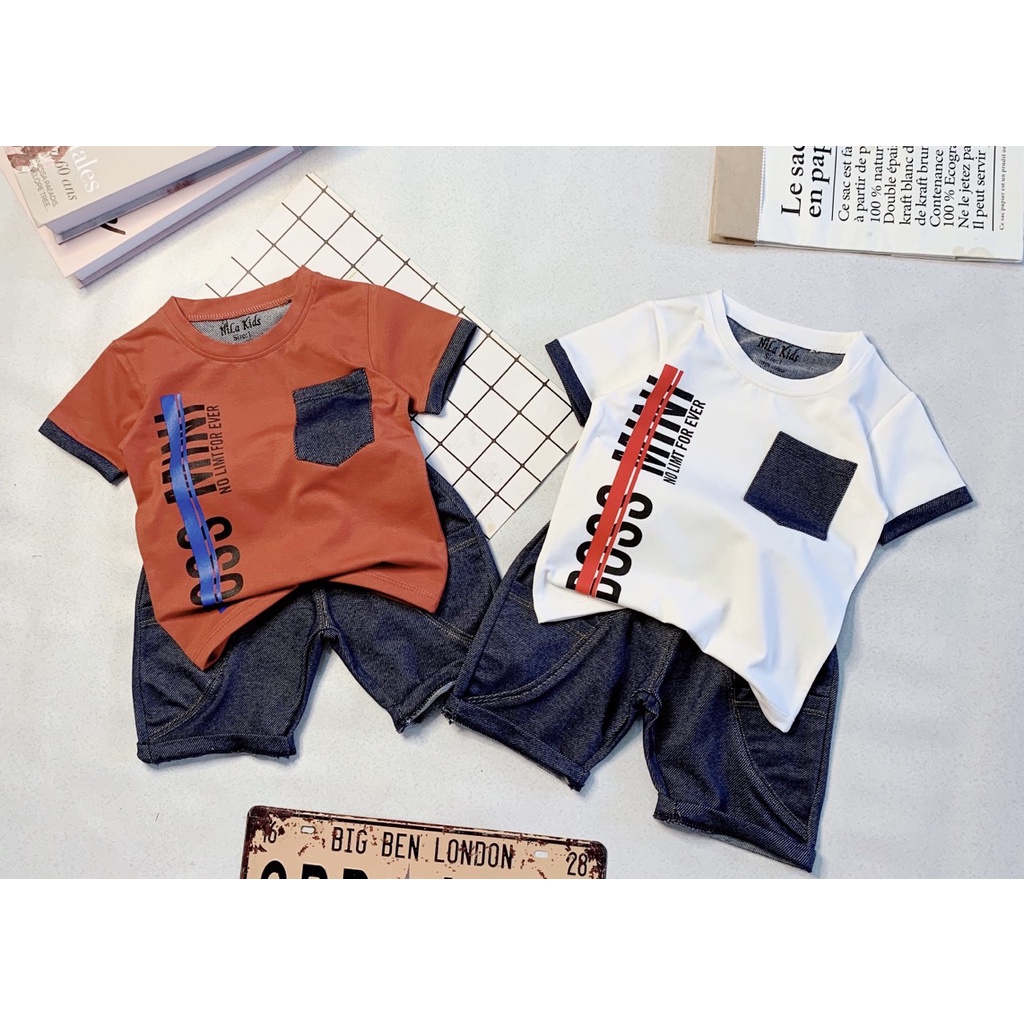 Set Đồ bộ bé trai Áo thun ngắn tay cotton 100% co giản 4 chiều phối túi giả jean Quần thun cotton giả jean từ 8-37kg