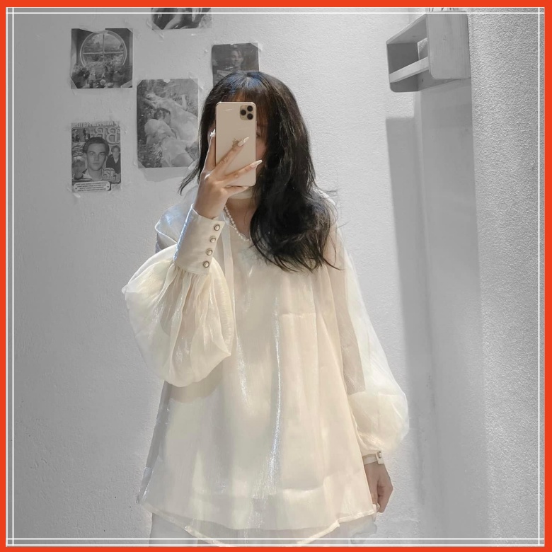 Áo sơ mi tơ óng 2 lớp cổ nơ ngọc siêu hot có ảnh thật