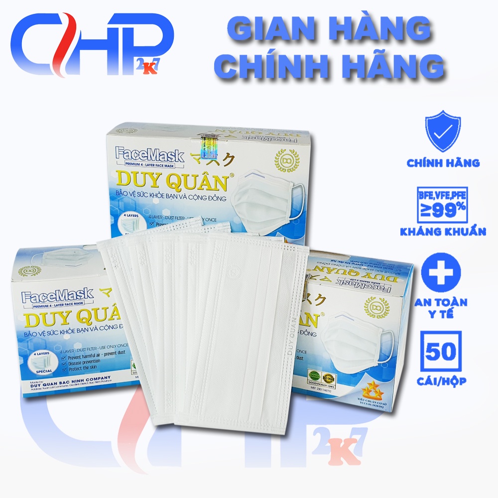 (Sỉ ) Hộp khẩu trang y tế màu trắng 4 lớp kháng khuẩn Duy Quân 50 cái chuẩn