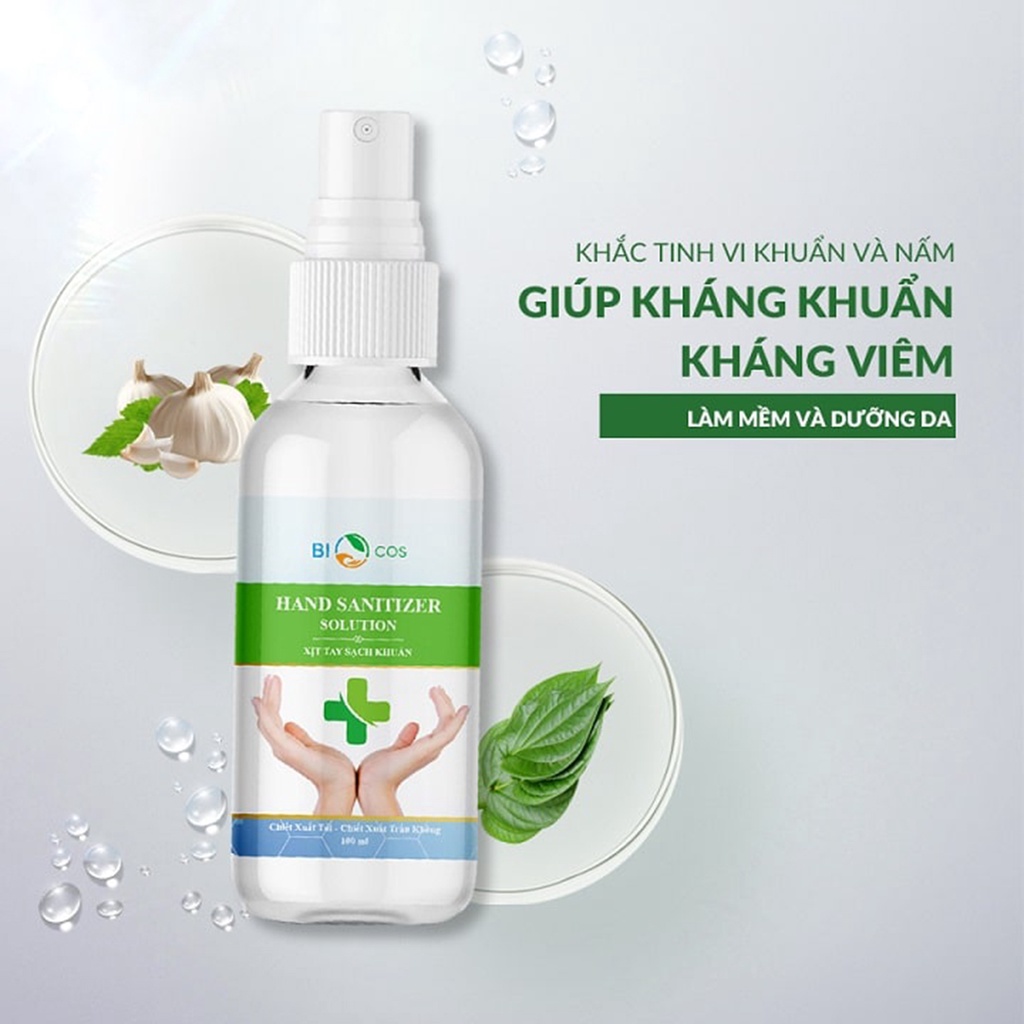 Xịt Tay Sạch Khuẩn Hand Sanitizer Solution BIOCOS 100ml - Chiết Xuất Tỏi, Trầu Không