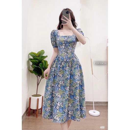 Đầm hoa cổ vuông tay phồng