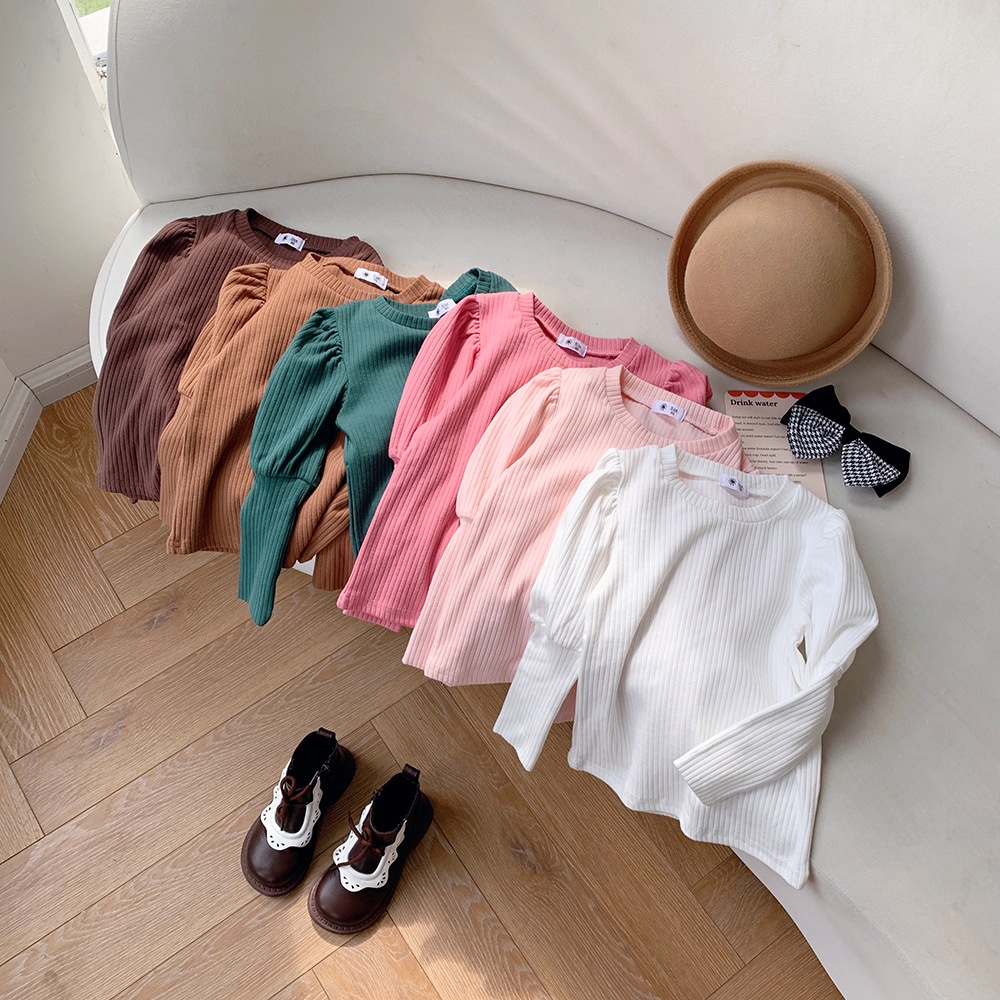 Áo Thun Cotton Tay Phồng Kẻ Sọc Ngang Phong Cách Hàn Quốc Thời Trang Mùa Thu Cho Bé Gái