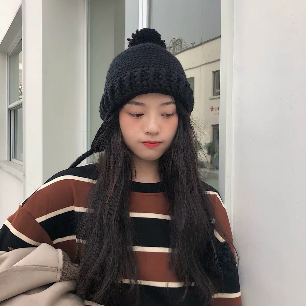 Mũ len dệt kim giữ ấm tai phong cách Hàn Quốc xinh xắn cho nữ