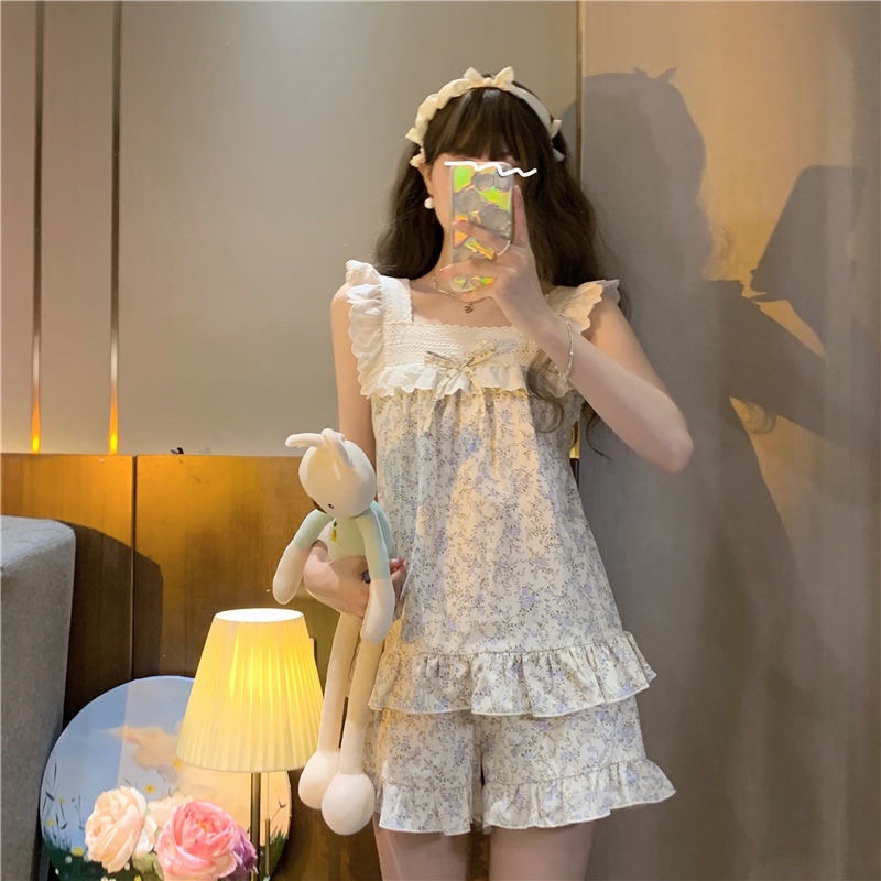 bộ đồ ngủ phong cách công chúa đồ ngủ của phụ nữ mùa hè mới cô gái quần short hoa ngọt ngào
