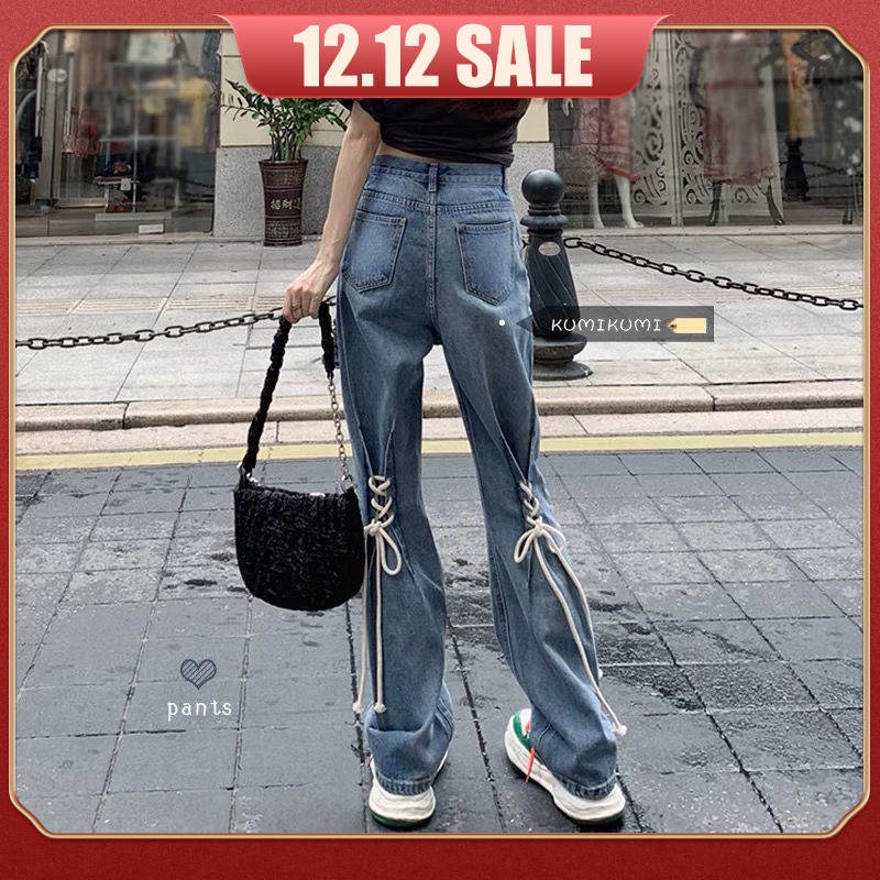 Quần jean nữ ống rộng lưng cao phối ren mẫu mới năm 2021