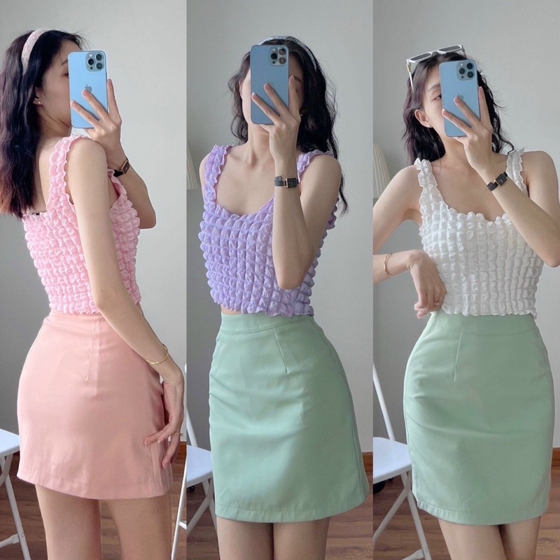 Áo Croptop Hai Dây Ba Lỗ Thun Xốp Ô Vuông Co Giãn Mềm Mại Nhiều Màu Sắc Trendy Cho Mùa Hè