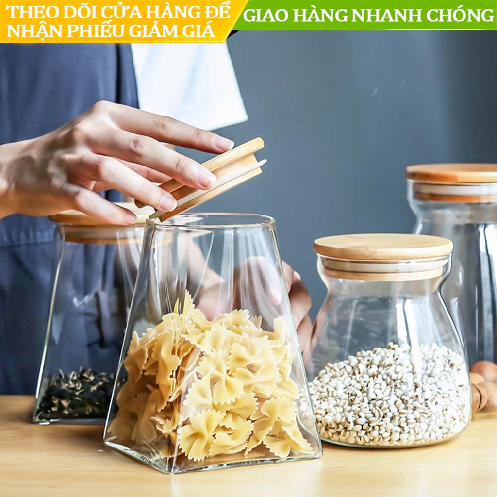 Nắp gỗ Thủy tinh kín khí Chai Bình đựng cà phê trà đường Hộp đồ nhà bếp vuông Có li