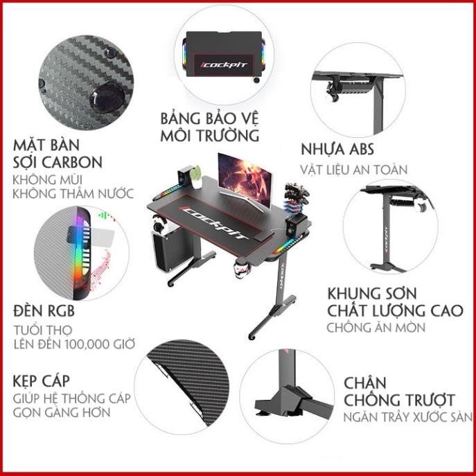 Bàn Gaming Sợi Cacbon. Bàn Chơi Game Cao Cấp. Đèn LED RGB Cảm Biến Âm Thanh. . .