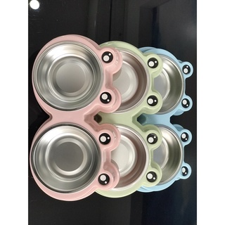 Bát cho chó mèo đôi nhựa lòng inox hình ếch
