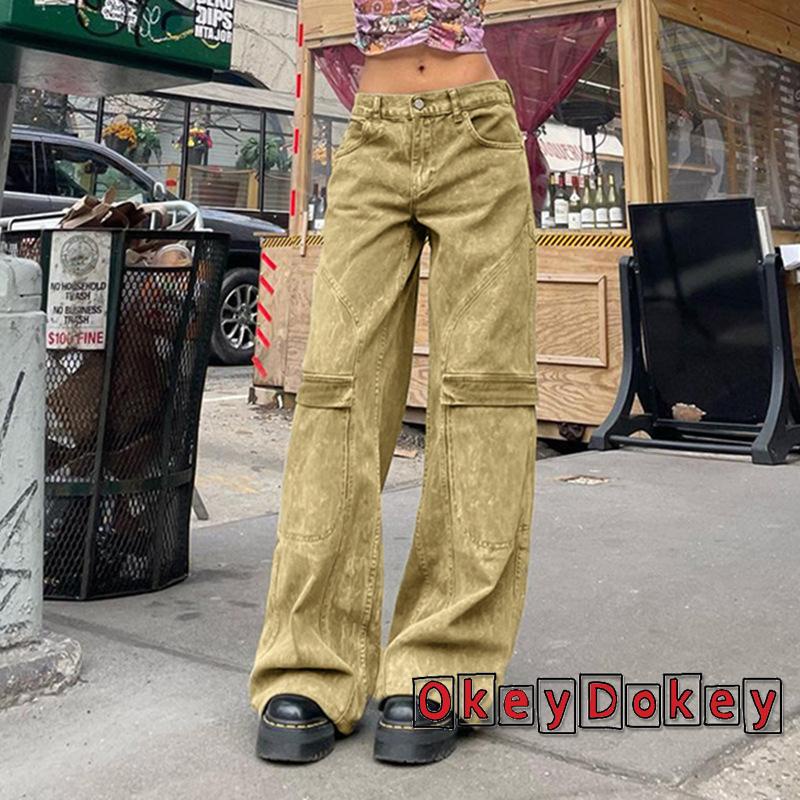 Odokey Quần Baggy Lưng Thấp Phối Túi Phong Cách Vintage Cho Nữ