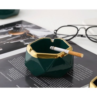 (Có sẵn )Gạt tàn thuốc lá sứ xanh viền vàng cao cấp