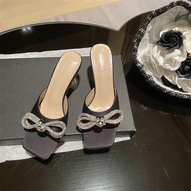 Sk Dép Xỏ Ngón Mũi Vuông Cao Gót Đính Đá Pha Lê Phong Cách Hàn Quốc Sang Trọng Quyến Rũ Dành Cho Nữ