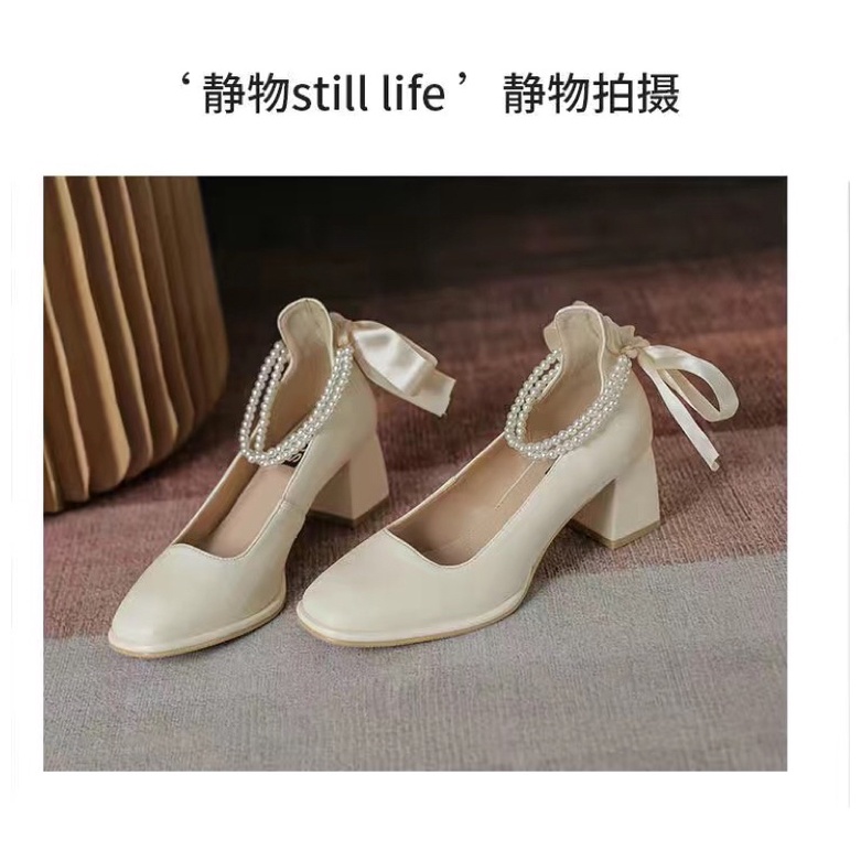 Giày cao gót 5.5cm quai ngọc dây nơ  -Da mềm giày ulzzang  đế vuông Kèm ảnh thực tế bên shop