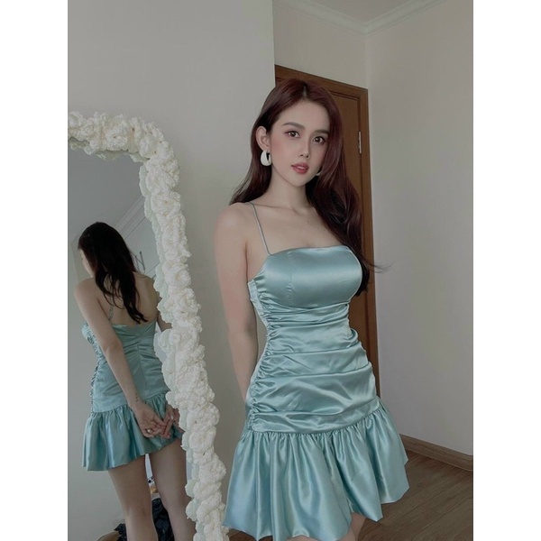 Đầm body phi nhún đuôi cá 2 dây / Xanh, vàng