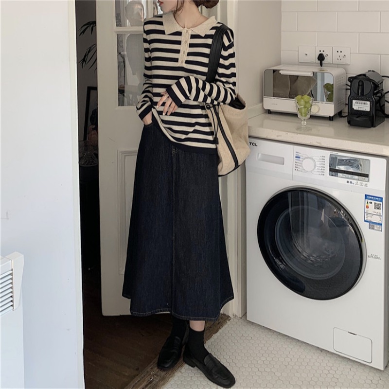 Bộ Áo Sơ Mi Kẻ Sọc + Chân Váy Denim Dài Lưng Cao Xinh Xắn Theo Phong Cách Retro Hàn Quốc | BigBuy360 - bigbuy360.vn