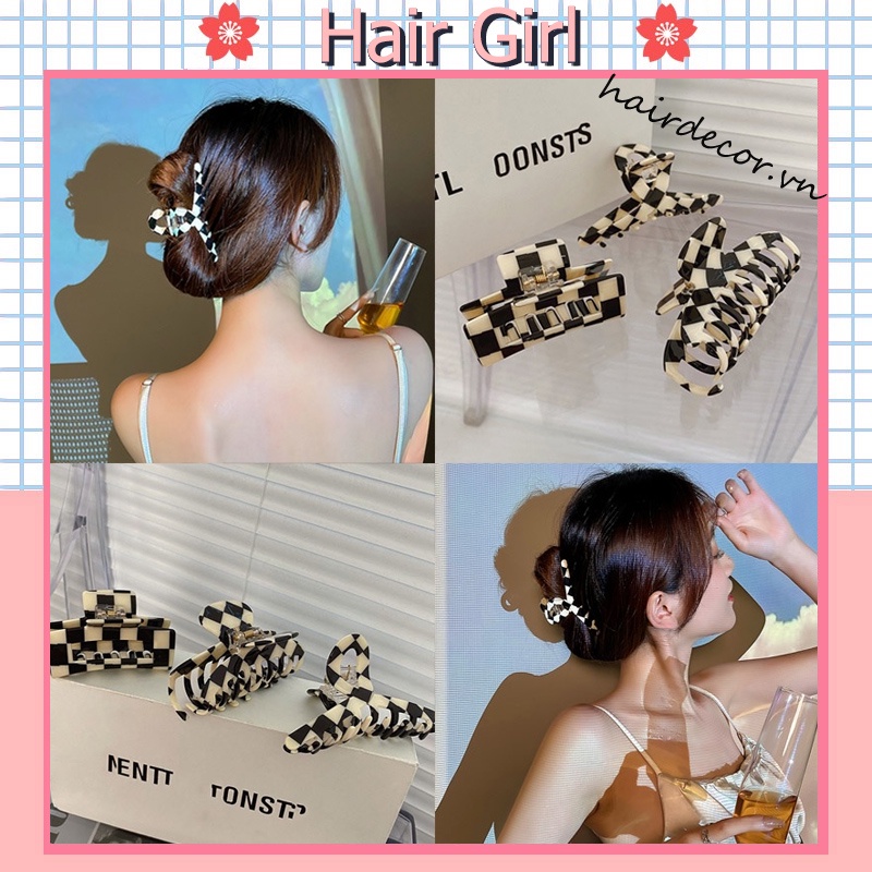 Kẹp tóc acrylic họa tiết sọc caro trắng đen thời trang hàn quốc