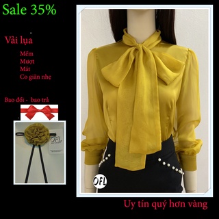 Áo sơ mi nữ lụa phối tay và cổ nơ voan vàng phong cách công sở đi chơi OFL A4.5