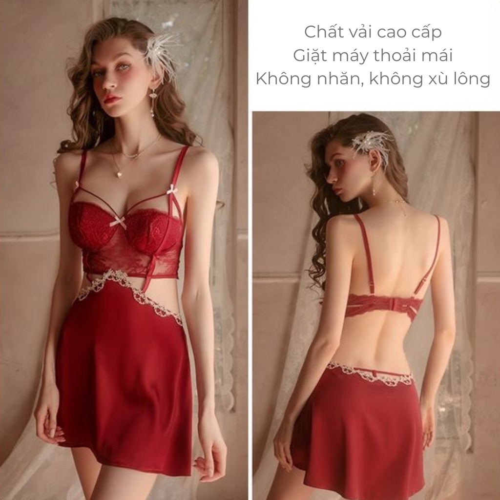 Bộ đồ ngủ VICKE SECVIA chất lụa phối ren cao cấp ít nhăn, phong cách sexy quyến rũ 1258