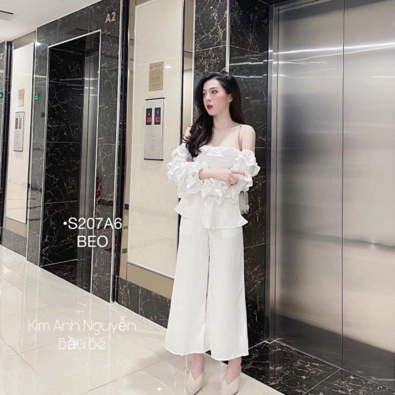 SET ÁO PEPLUM TRỄ VAI BÈO KẾT CƯỜM QUẦN SUÔNG