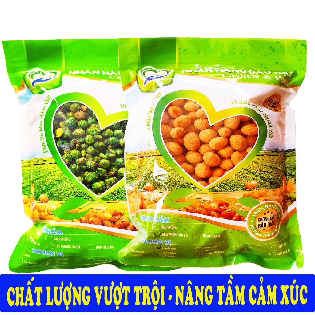 Combo 1KG đậu 2 vị: đậu phộng da cá phô mai và hà lan rang tỏi ớt Tâm Đức Thiện 2 Túi x 500GR