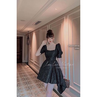 Đầm gấm tà đuổi cổ vuông tay phồng!