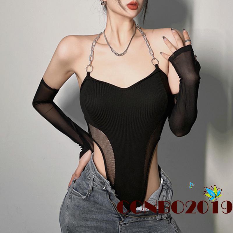 Hgm Bộ Áo Liền Quần Phối Lưới Dây Xích + Tay Áo Màu Đen Hợp Thời Trang Cho Nữ