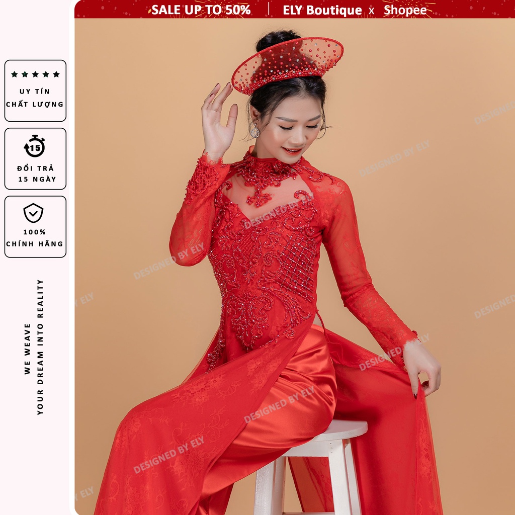 Áo dài cưới ELY Boutique, áo dài đỏ cổ cách điệu kết hạt chắc chắn, 3 lớp 6 tà