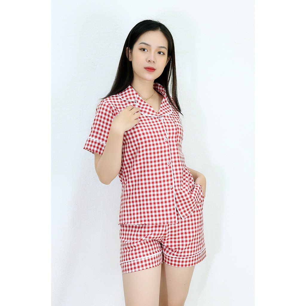 [HÌNH THẬT 100%] Bộ đồ Pijama nữ đùi SỌC CARO ĐỎ TRẮNG  - vải COTTON lụa cao cấp - Cực Kì Sang Chảnh