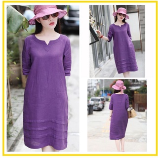 Váy linen[đầm linen] dáng suông cổ chìa khoad tay lỡ xếp gấu đủ size từ S đến XL 44-63kg