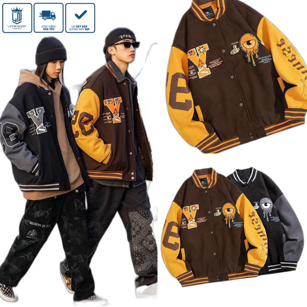 Áo Khoác Bomber Thiêu Hình Con Mắc  Áo Bóng chày Varsity Cút Bấm Fom Rộng Nam Nữ Mặc Được.
