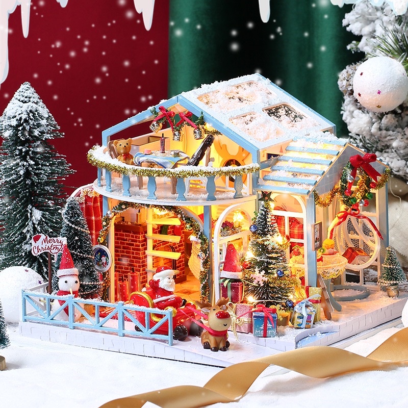 (Tặng mica,keo sữa,đèn) Mô hình nhà búp bê bằng gỗ noel diy house tự lắp ráp K058