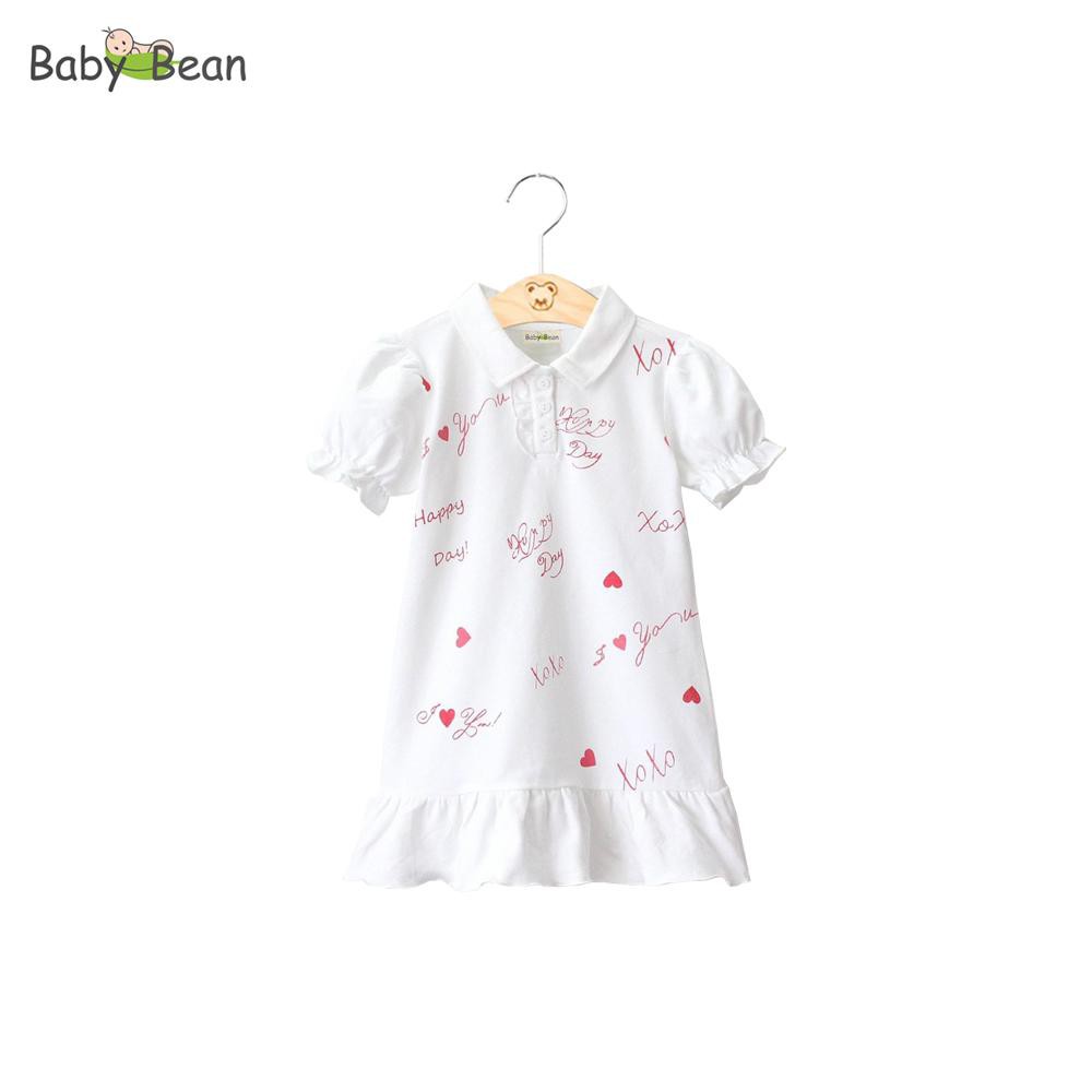 Đầm Thun cổ Bẻ Tay Phồng Vạt Đuôi Cá họa tiết Trái Tim bé gái BabyBean (20kg - 35kg)