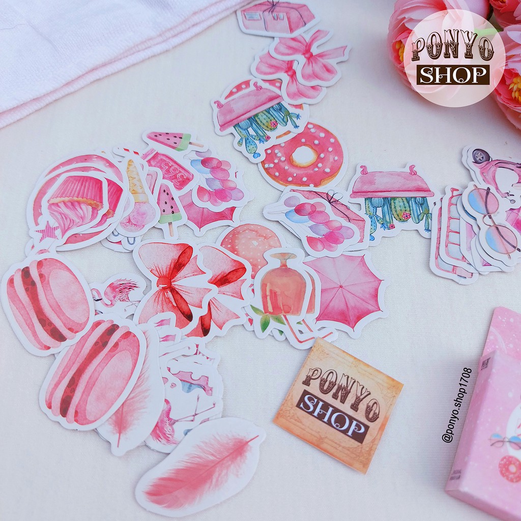 📔 Hộp 46 sticker nhãn dán Pink Travel Diary trang trí Scrapbook