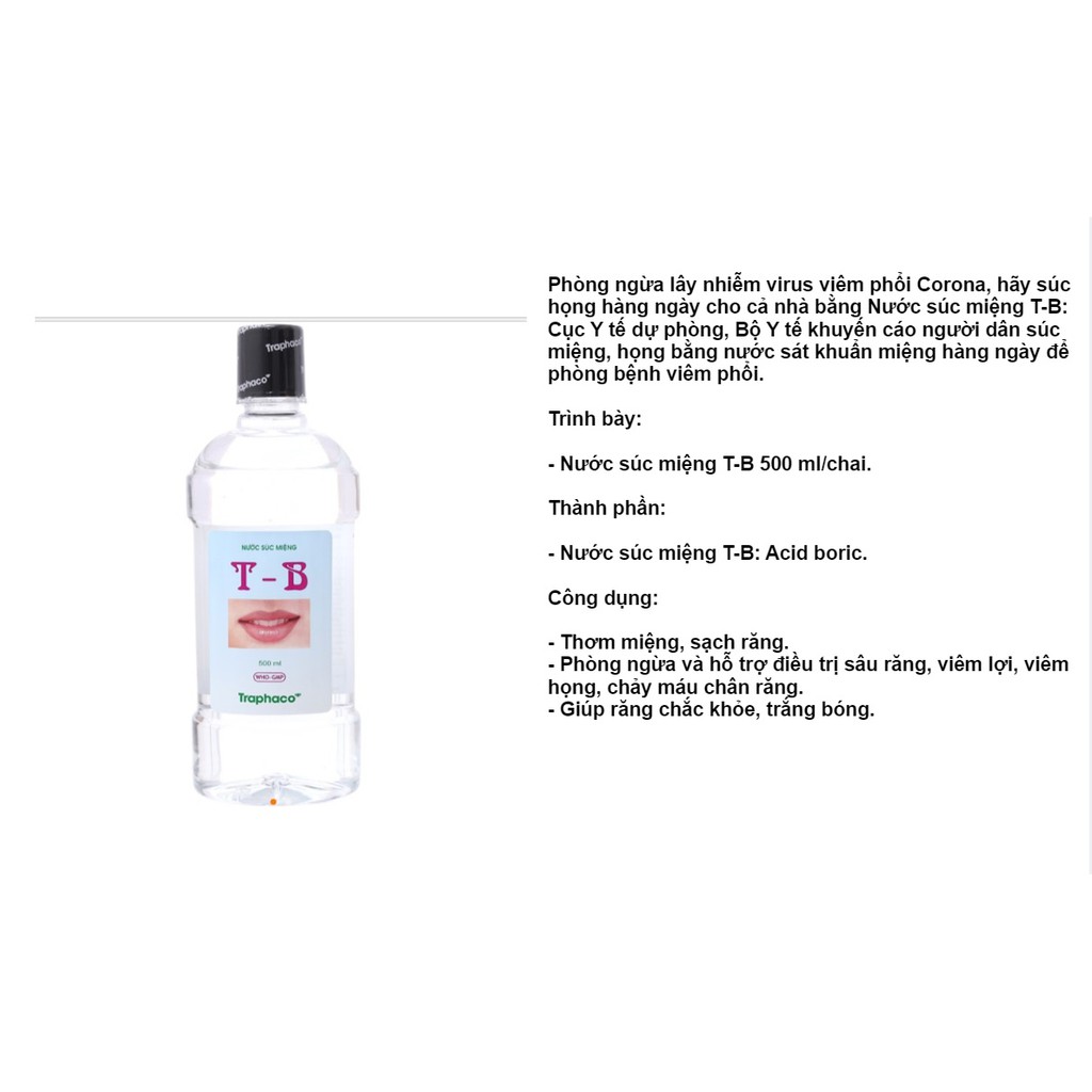 Nước súc miệng TB Traphaco (500ml) Thơm miệng, sạch khuẩn, phòng đau họng, sâu răng