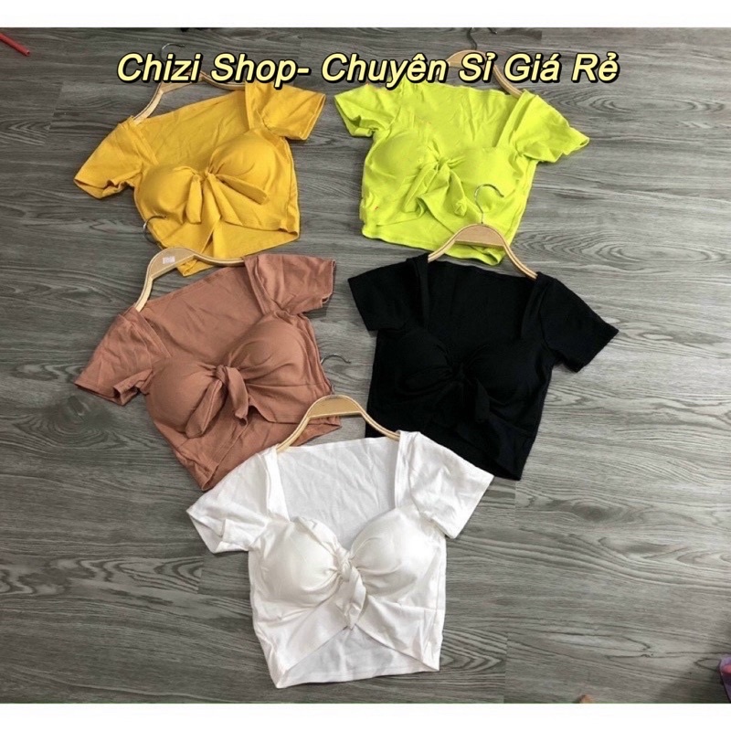 ÁO CROPTOP TAY NGẮN THẮT NƠ NGỰC CÓ MÚT VẢI BORIP CAO CẤP