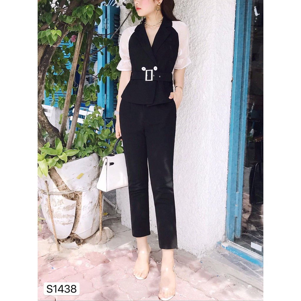 HÀNG CAO CẤP -  Sét công sở gồm áo đen tay ren + quần + đai (bell) S1438 - DVC (Video mẫu mặc shop tự quay)  - Hàng Cao 