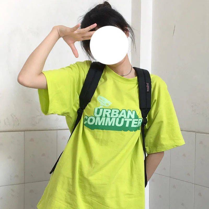 Áo thun tay ngắn màu xanh lá dạ quang phong cách Harajuku Hàn Quốc cho nữ