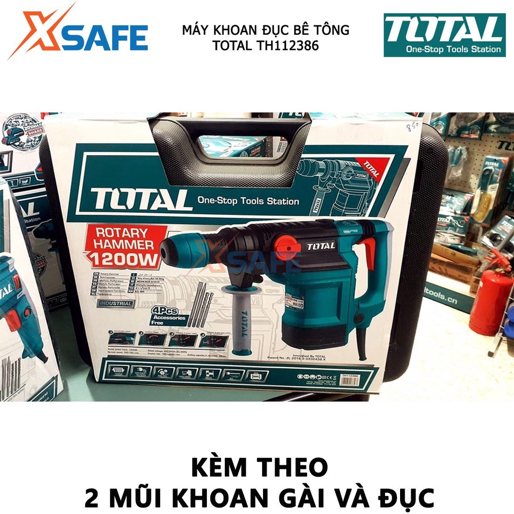 Máy khoan búa cầm tay TOTAL TH112386 1200W chống rung, tốc độ 760rpm, tốc độ đập 1950-4860bpm, khoan bê tông 38mm -xsafe