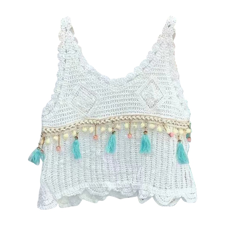 Áo Tank Top Dệt Kim Phối Tua Rua Gợn Sóng Thời Trang Mùa Hè Cho Nữ