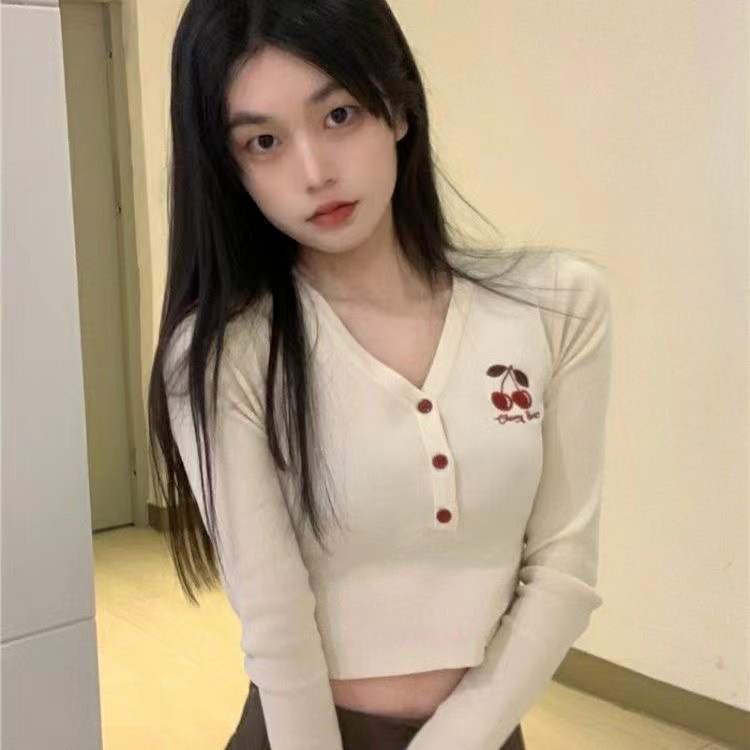 Áo Cardigan Cổ Chữ V Dáng Ngắn Màu Trơn In Họa Tiết Cherry Thời Trang Xinh Xắn Cho Nữ