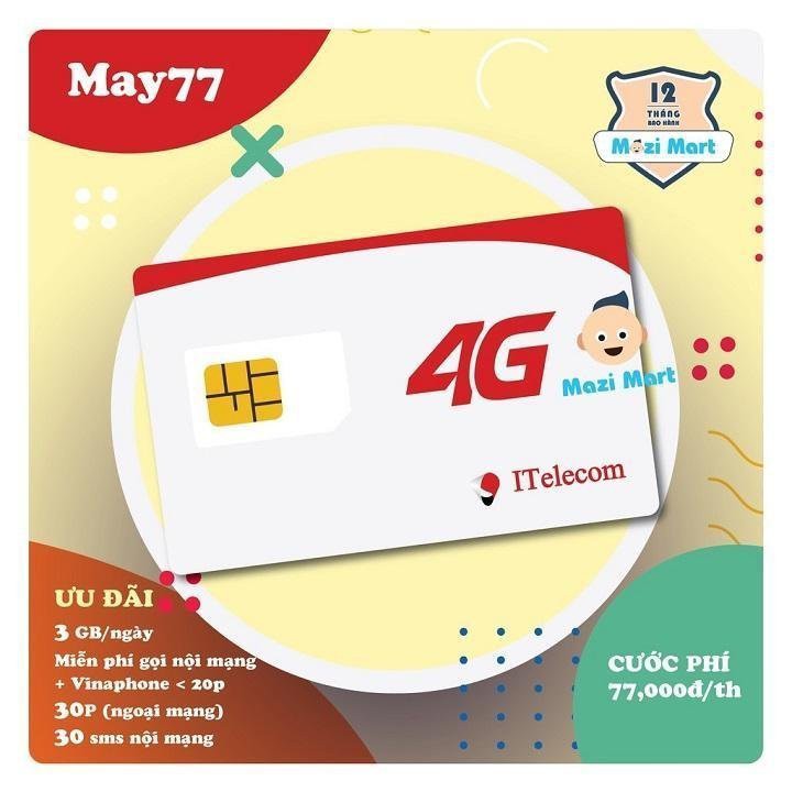 Sim 4G ITelecom - Vinaphone - Data 90Gb/tháng - Miễn Phí Gọi VinaPhone - Cước duy trì 77k/tháng giá rẻ nhất