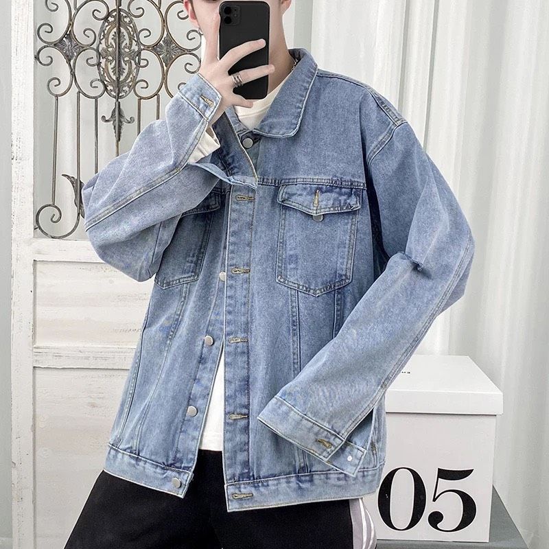 Áo Khoác Jeans Nam Nữ Denim Jacket hàn quốc trơn rách tay màu xanh