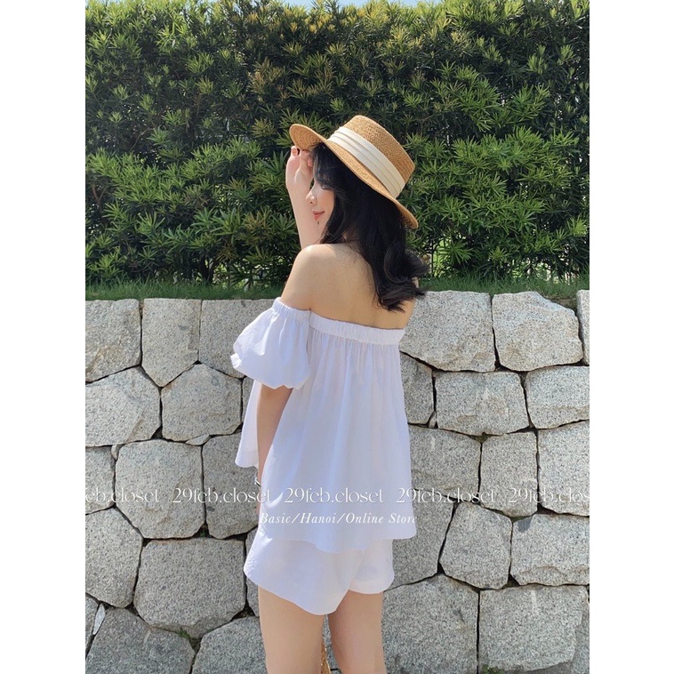 SQ016 Set áo trễ vai quần short ngắn nữ hè thu Bộ quần áo bở vai cổ chun quần cộc đùi trắng nâu xanh bơ cốm nữ tính hot