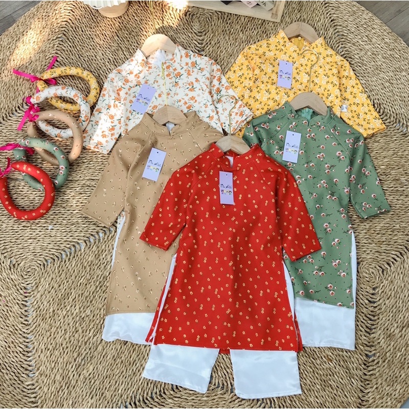 SET ÁO DÀI HOA NHÍ ĐỎ, QUẦN LỤA TRẮNG CHO BÉ 14-18kg