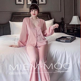 Bộ ngủ pijama lụa mềm mịn cổ tim phối viền ren tay dài quần dài hàng sẵn